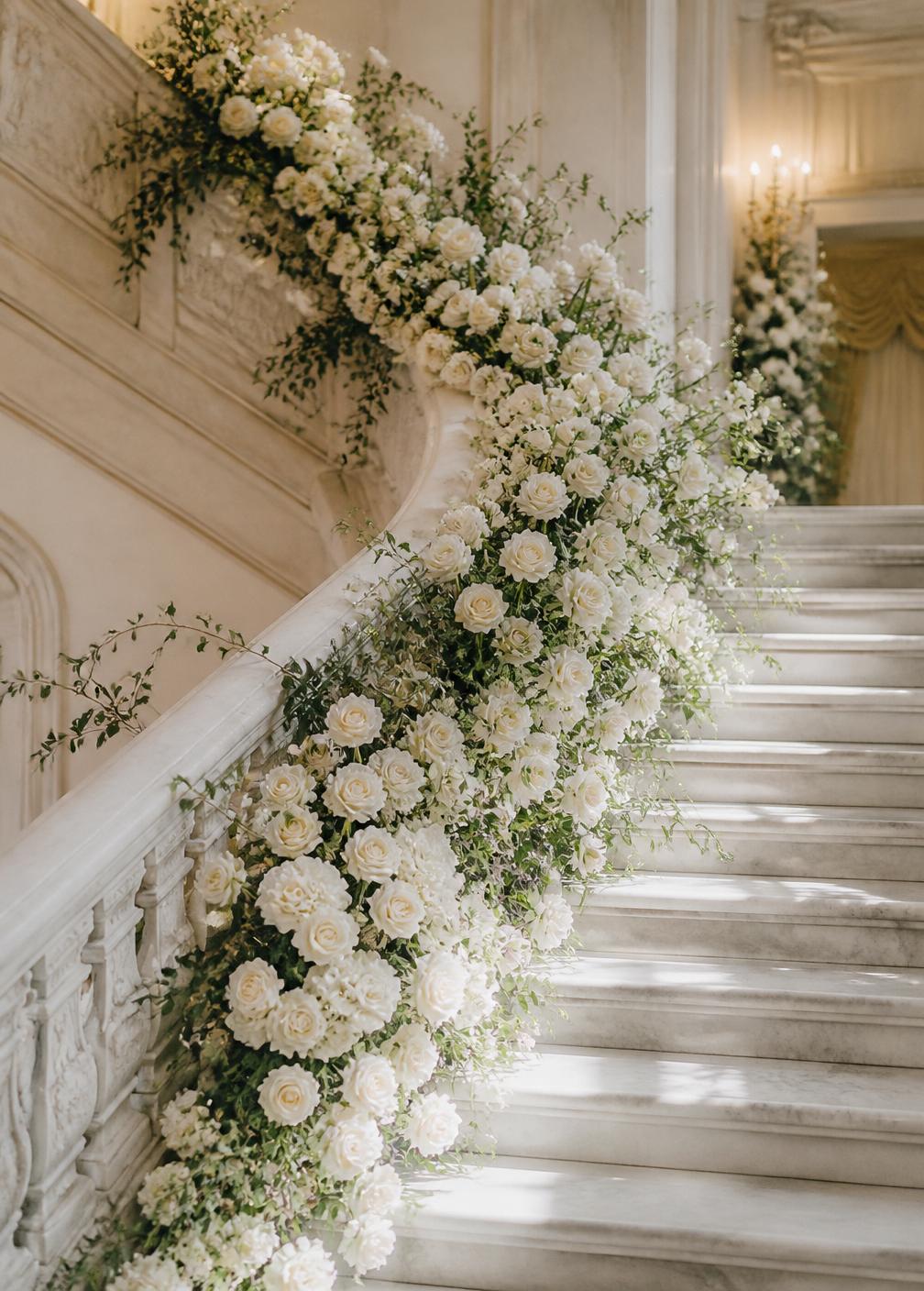 Cascading white roses down a marble staircase