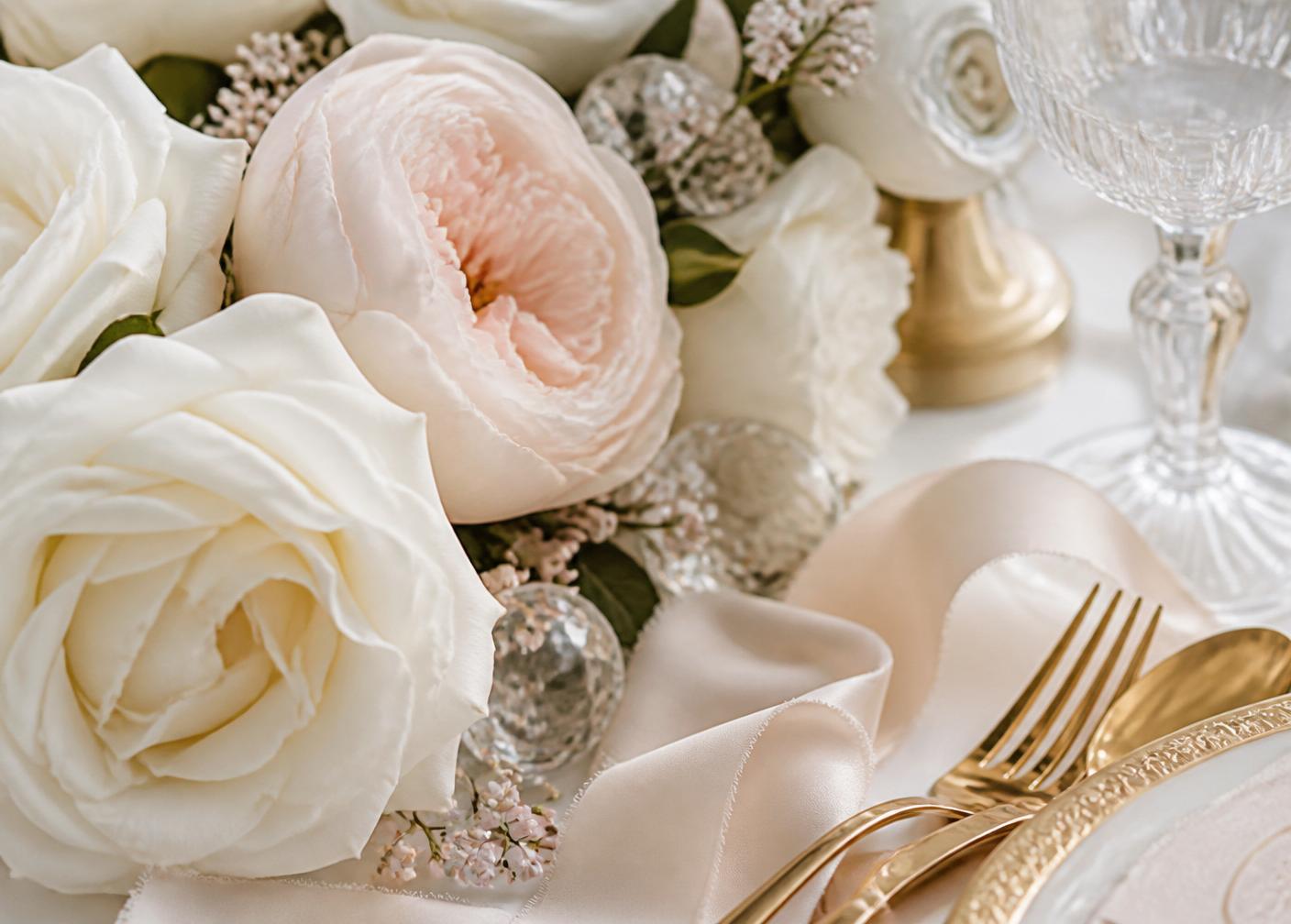 Detail of blush roses, gold flatware and silk ribbon