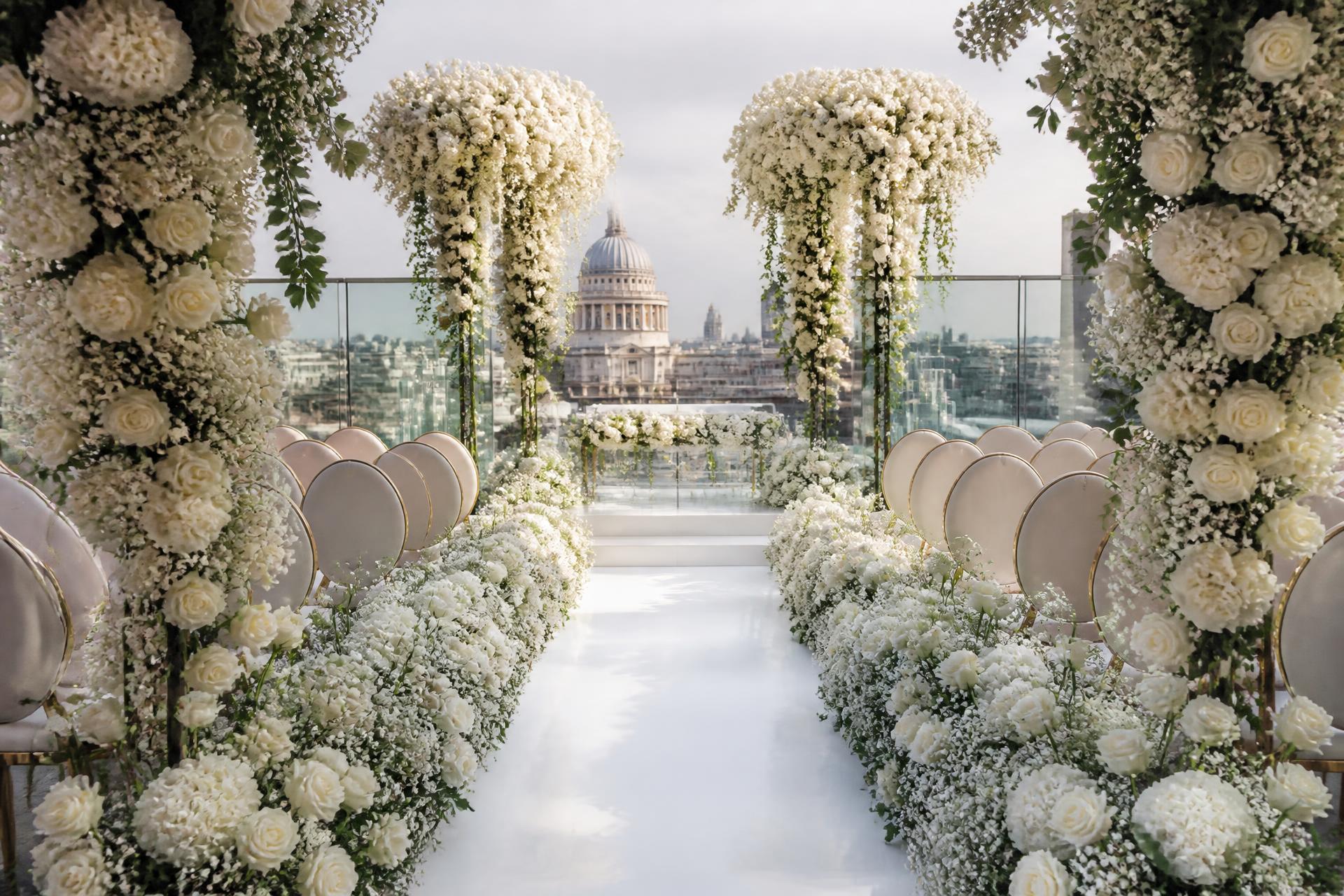 Cascading white rose aisle with London skyline