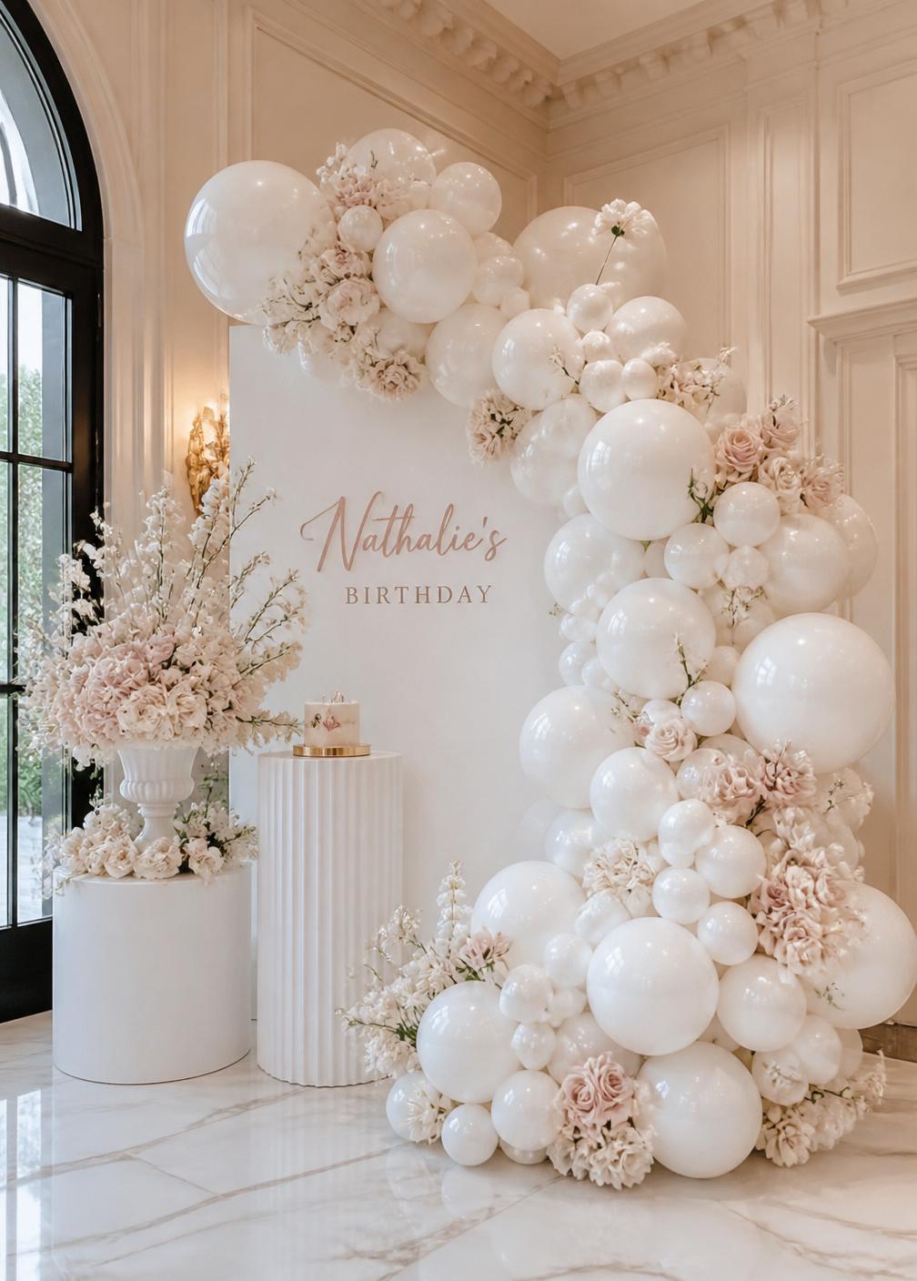 Blush and cream balloon and floral installation