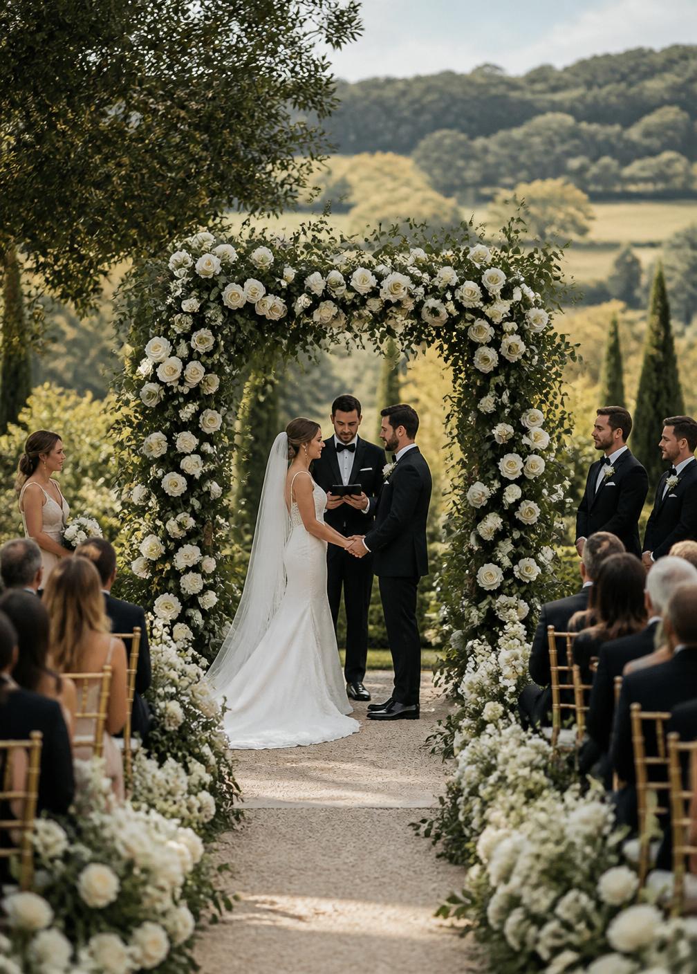 Garden ceremony with white rose arch